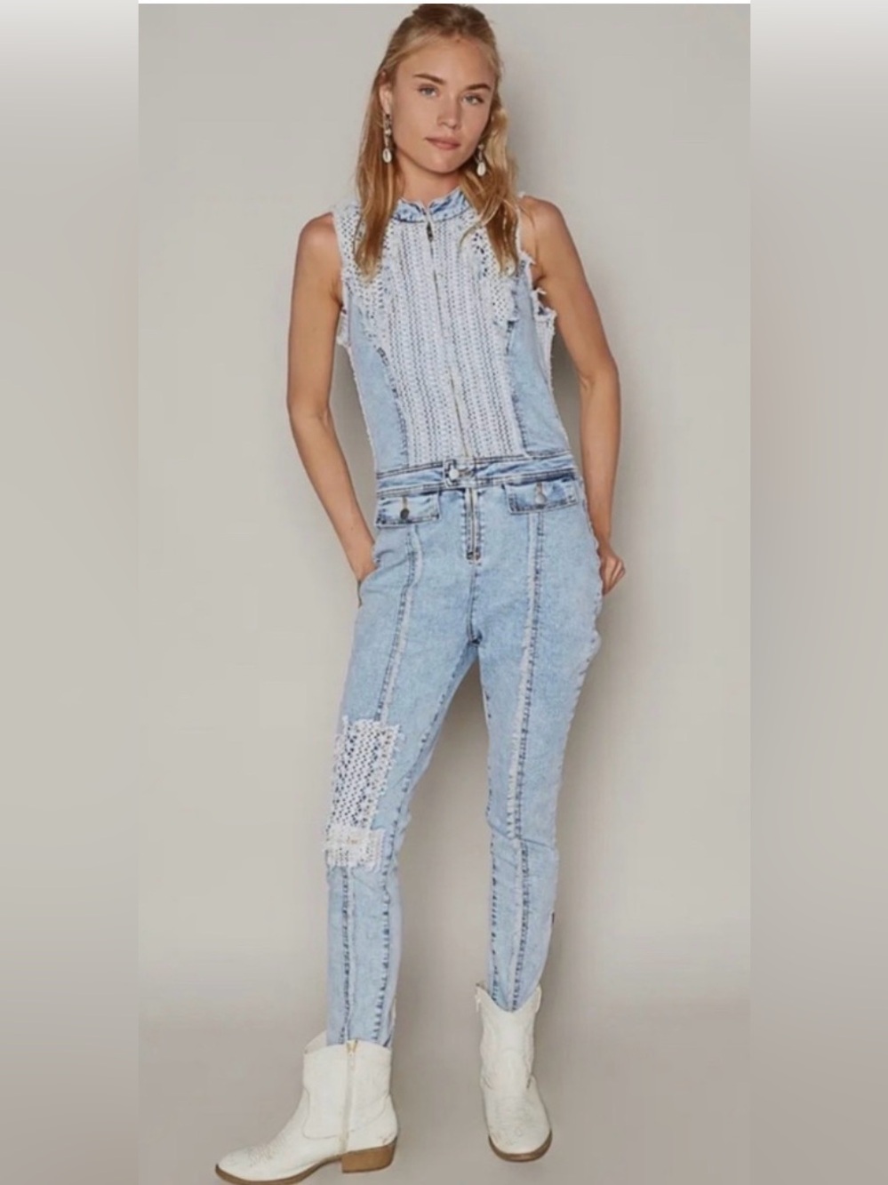 POL Light Blue Denim Women's Overalls with Crochet Panel